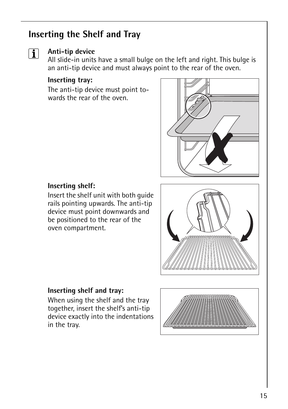 Inserting the shelf and tray | AEG COMPETENCE B4101-4 User Manual | Page 15 / 52