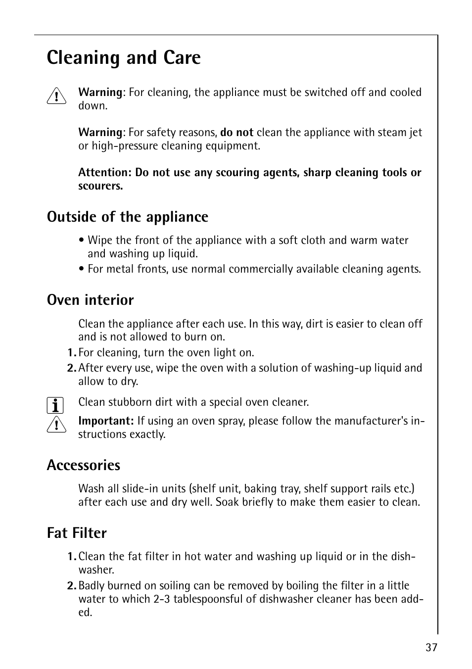 Cleaning and care 1, Outside of the appliance, Oven interior | Accessories, Fat filter | AEG COMPETENCE B4101-4 User Manual | Page 37 / 52