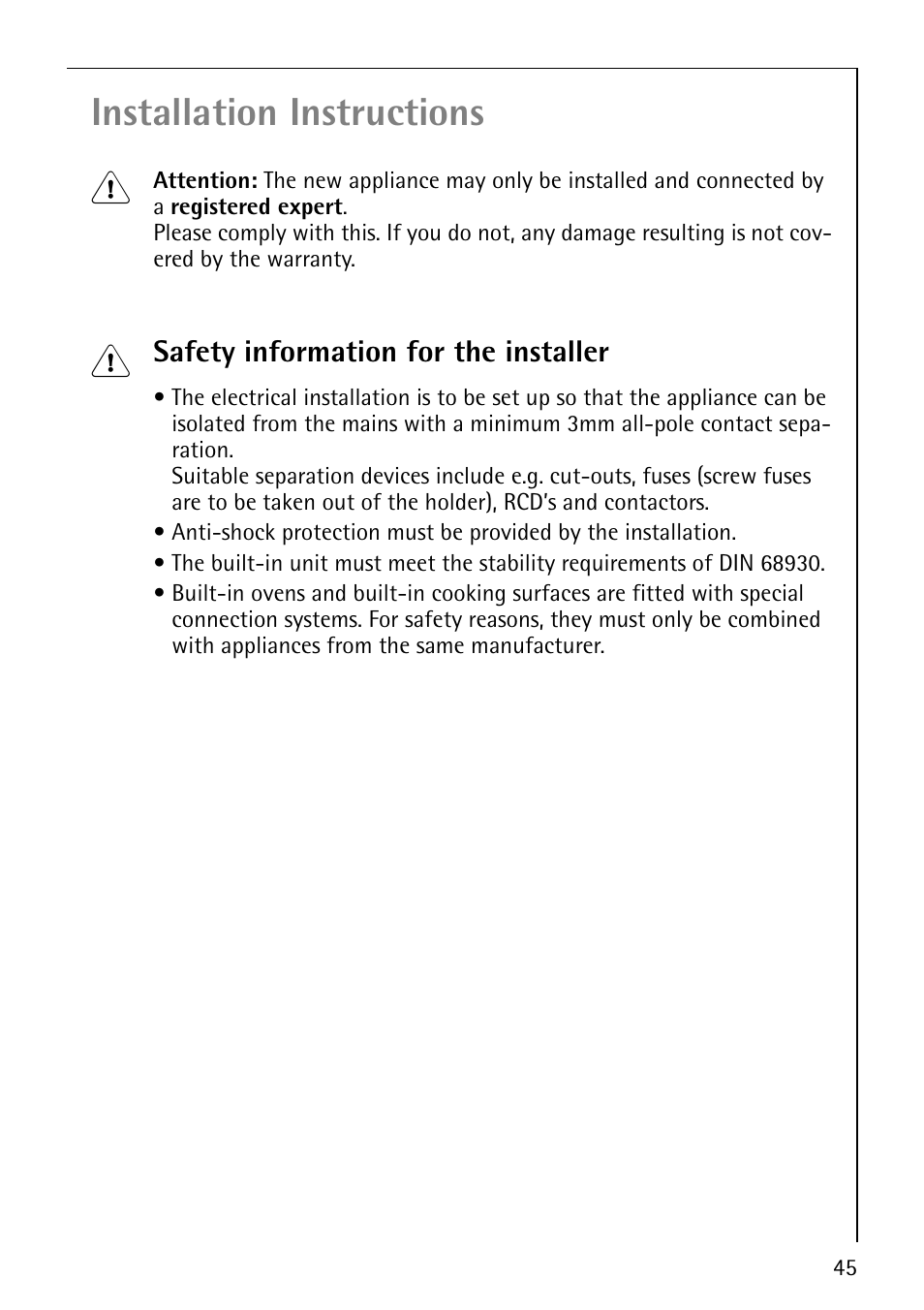 Installation instructions 1 | AEG COMPETENCE B4101-4 User Manual | Page 45 / 52