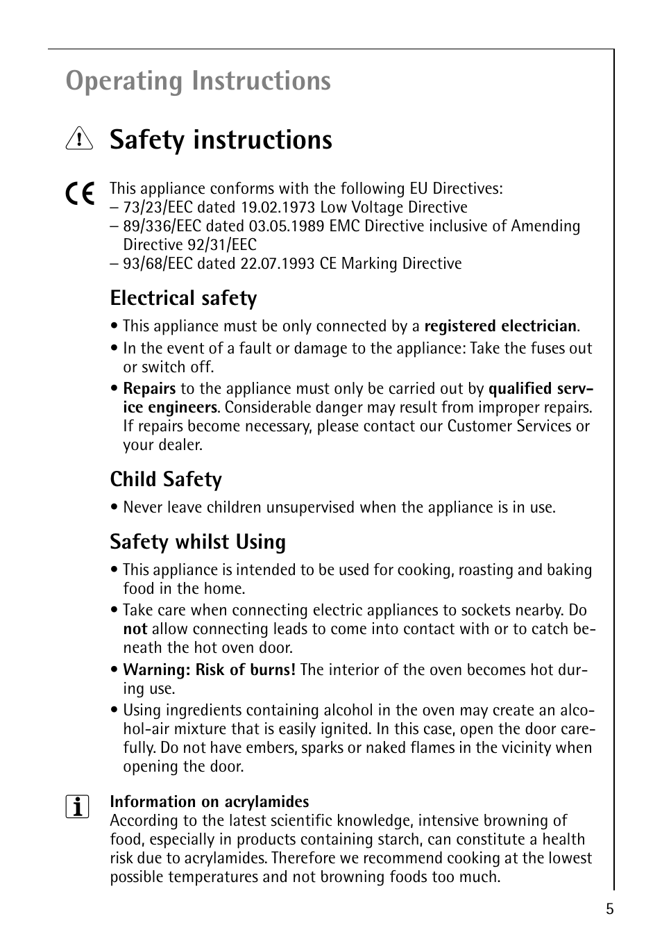 Operating instructions 1 safety instructions 5, Electrical safety, Child safety | Safety whilst using | AEG COMPETENCE B4101-4 User Manual | Page 5 / 52