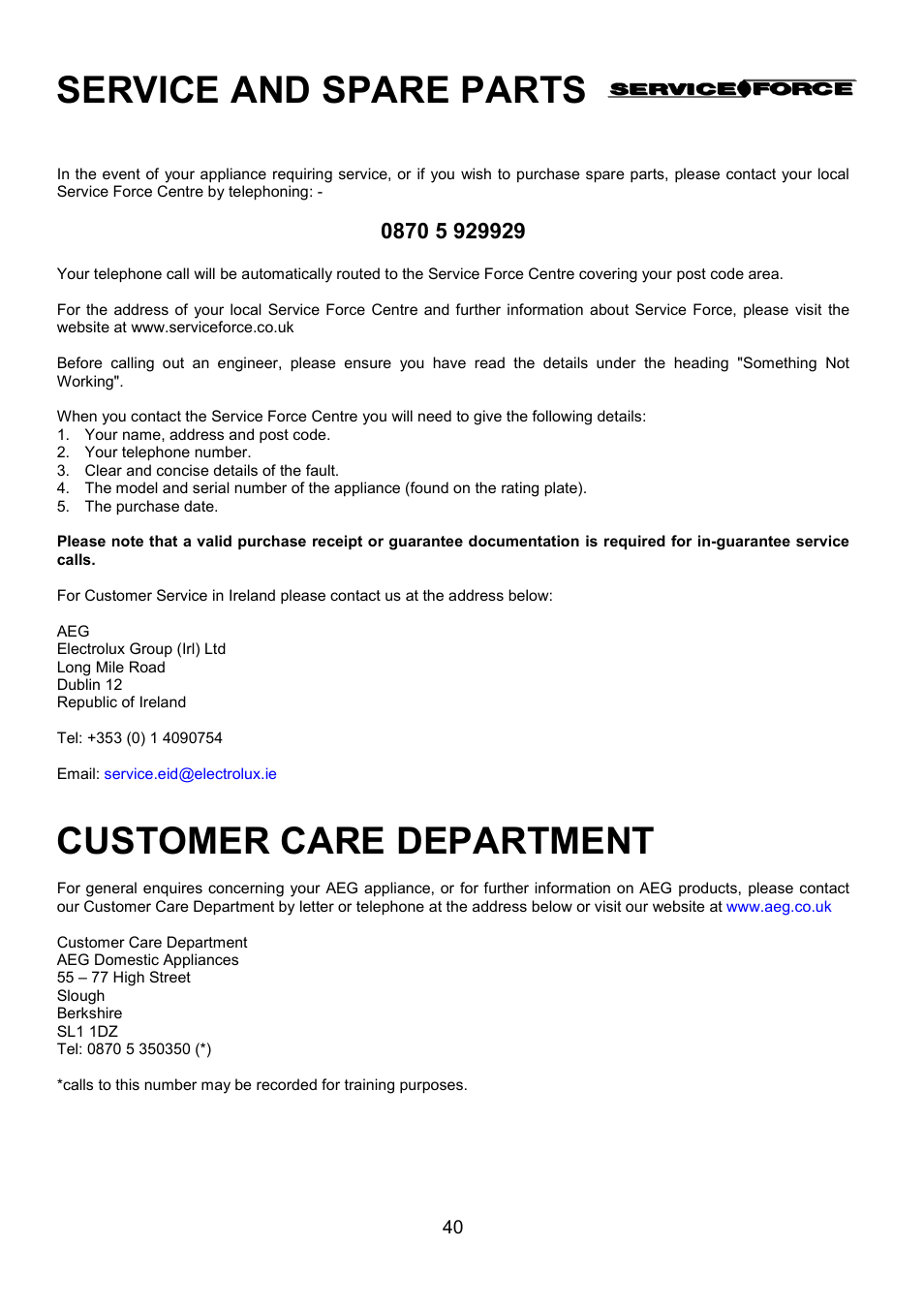 Service and spare parts, Customer care department | AEG COMPETENCE 311704300 User Manual | Page 40 / 48