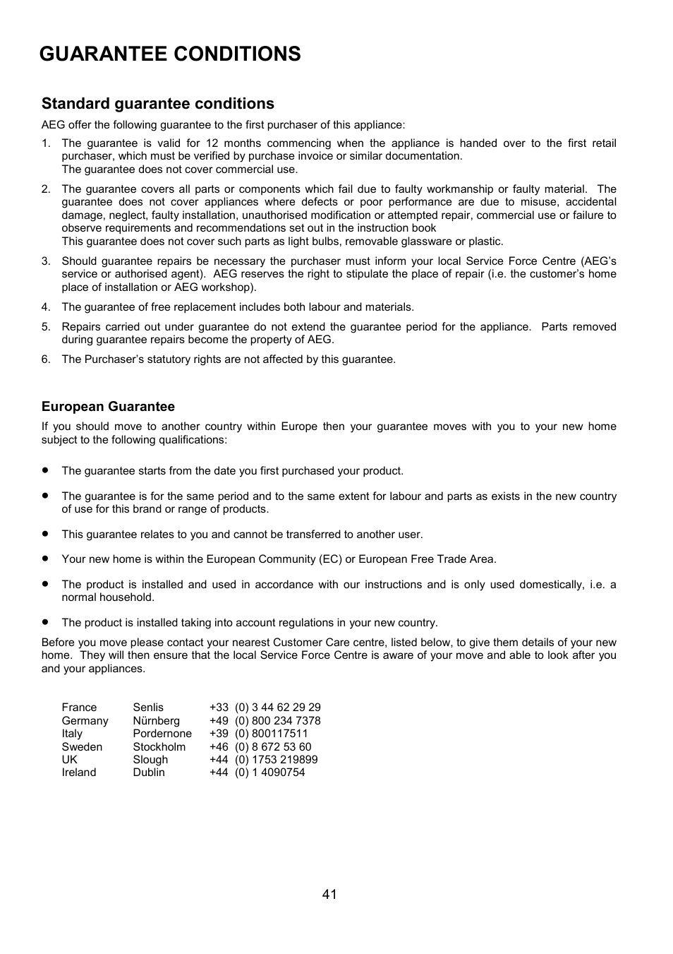 Guarantee conditions, Standard guarantee conditions | AEG COMPETENCE 311704300 User Manual | Page 41 / 48