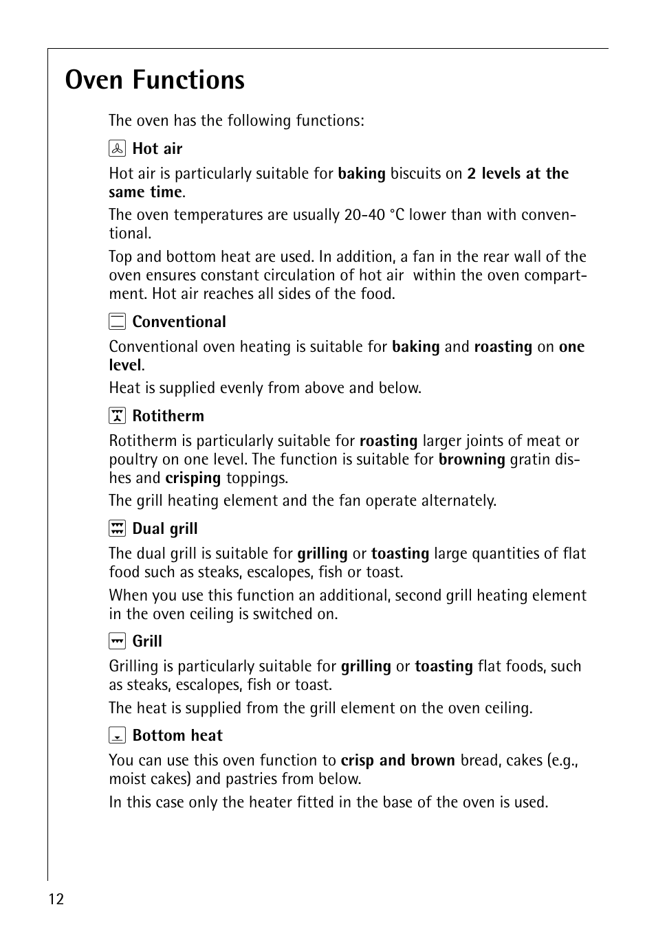 Oven functions | AEG COMPETENCE E3140-1 User Manual | Page 12 / 56