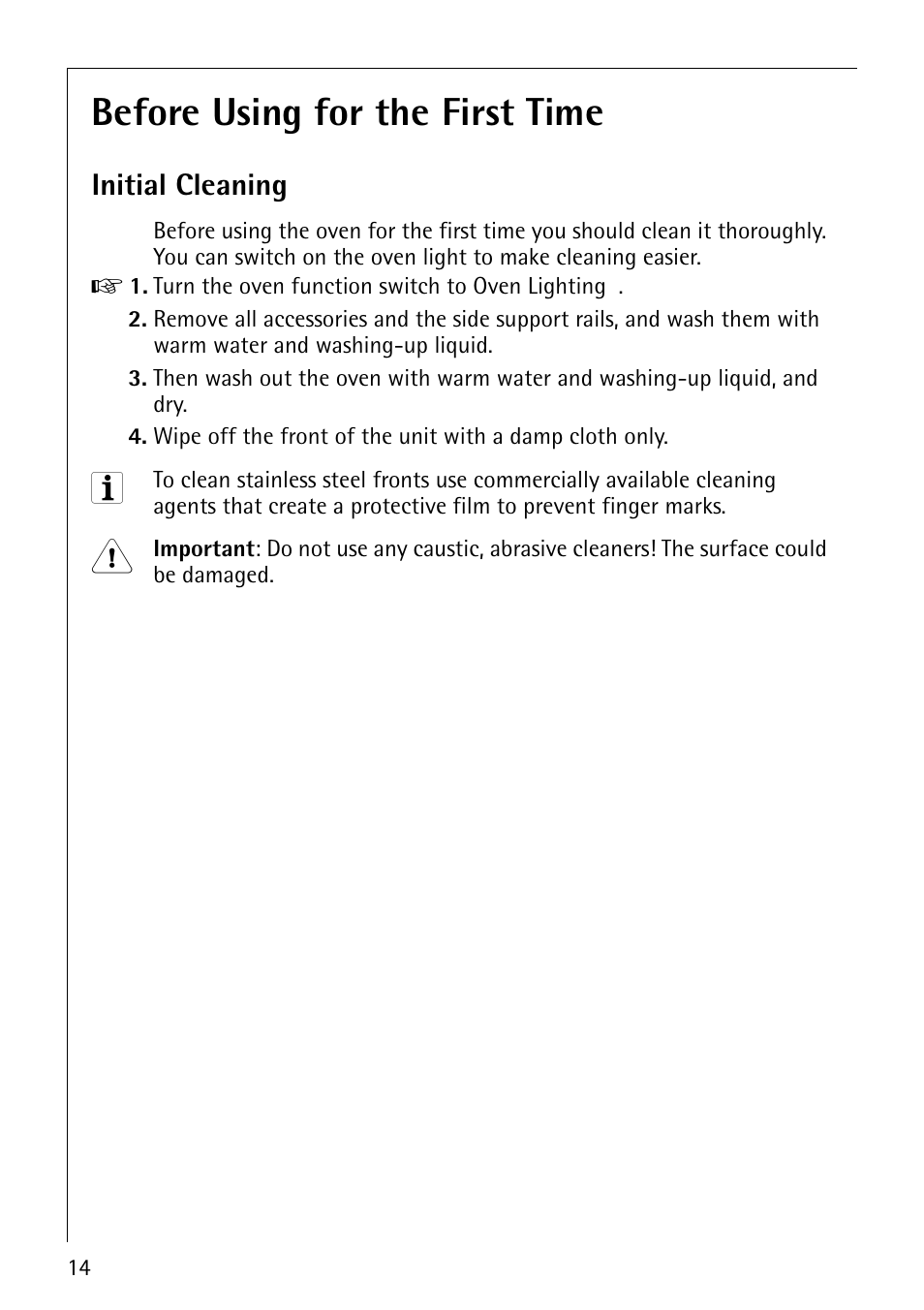 Before using for the first time, Initial cleaning | AEG COMPETENCE E3140-1 User Manual | Page 14 / 56