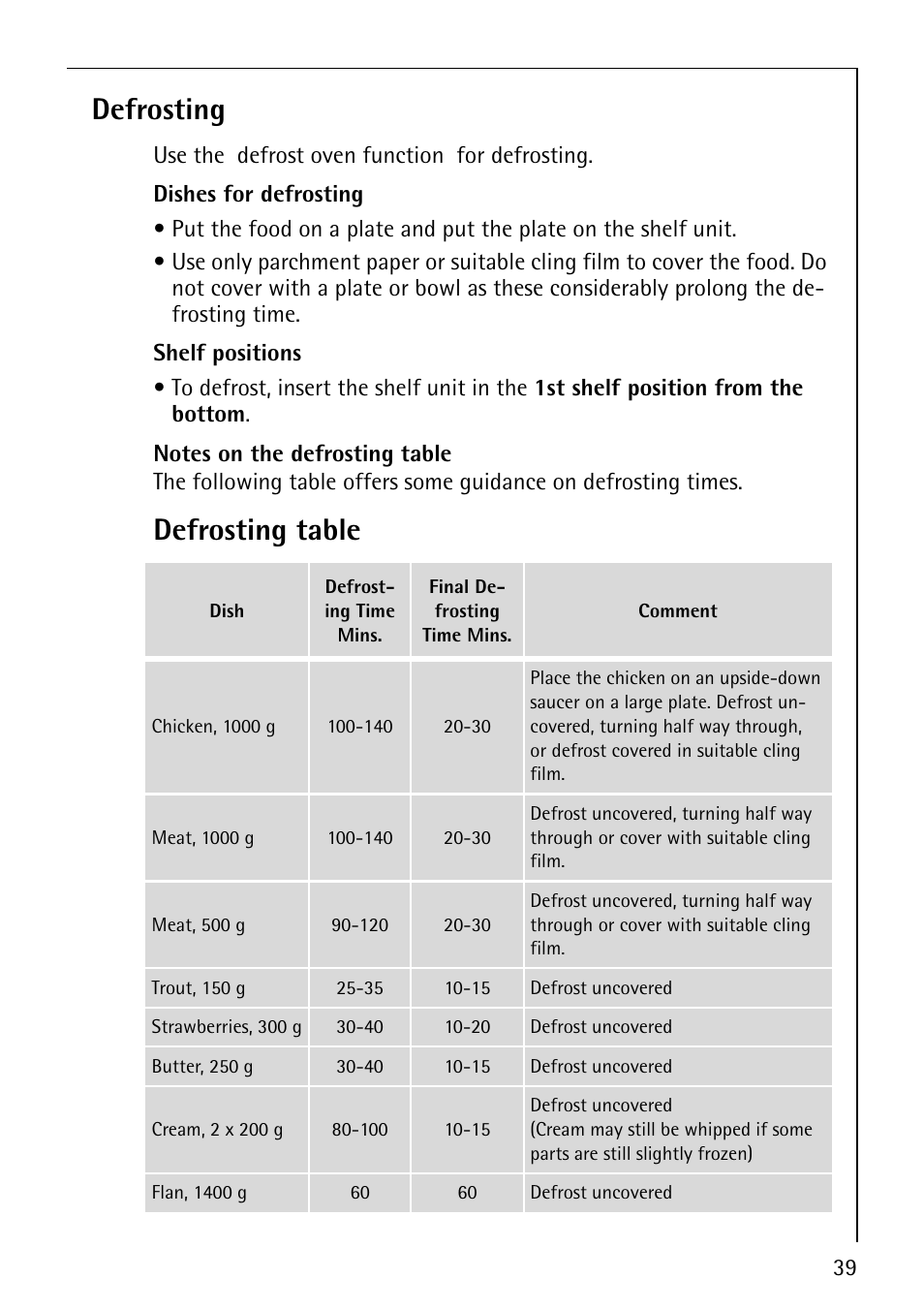 Defrosting, Defrosting table | AEG COMPETENCE E3140-1 User Manual | Page 39 / 56