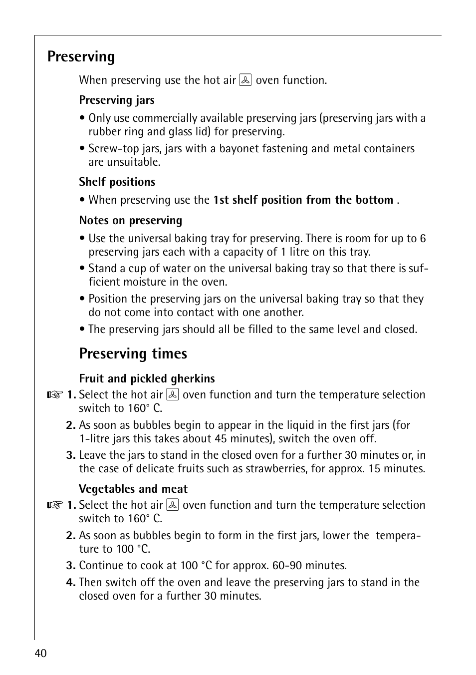 Preserving, Preserving times | AEG COMPETENCE E3140-1 User Manual | Page 40 / 56