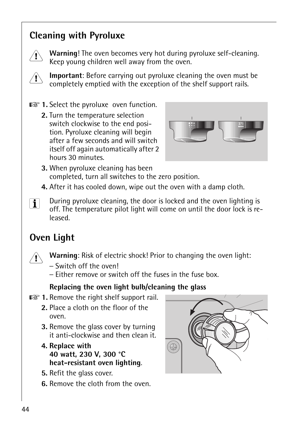 Cleaning with pyroluxe, Oven light | AEG COMPETENCE E3140-1 User Manual | Page 44 / 56