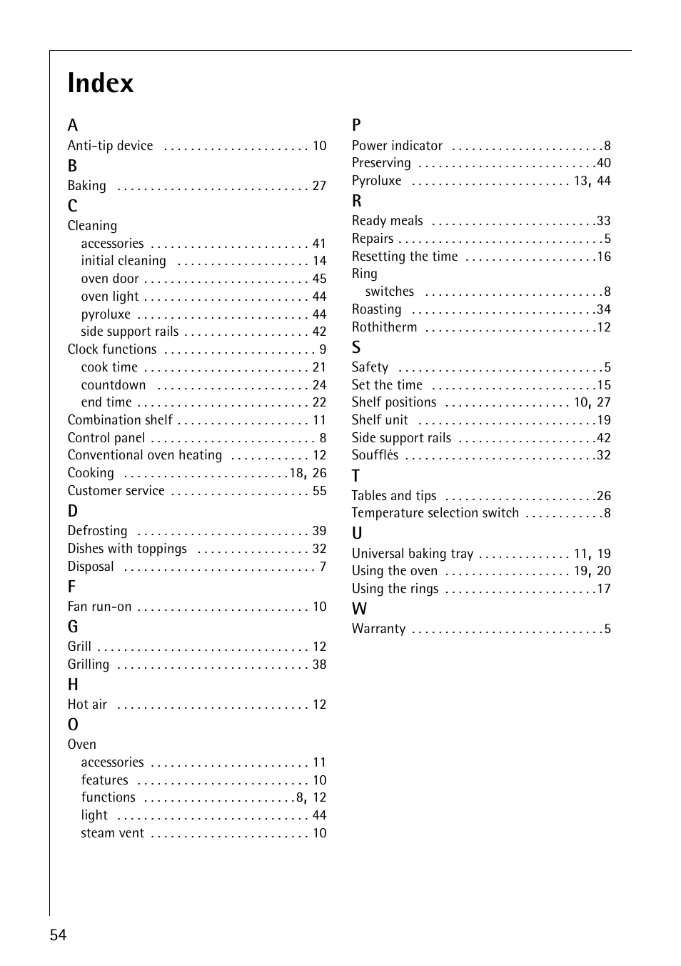 Index | AEG COMPETENCE E3140-1 User Manual | Page 54 / 56