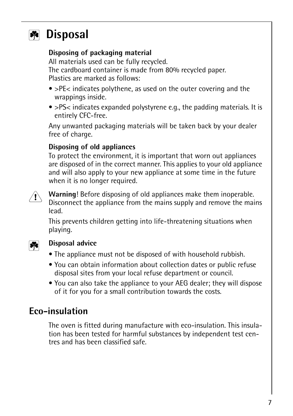 Disposal, Eco-insulation | AEG COMPETENCE E3140-1 User Manual | Page 7 / 56