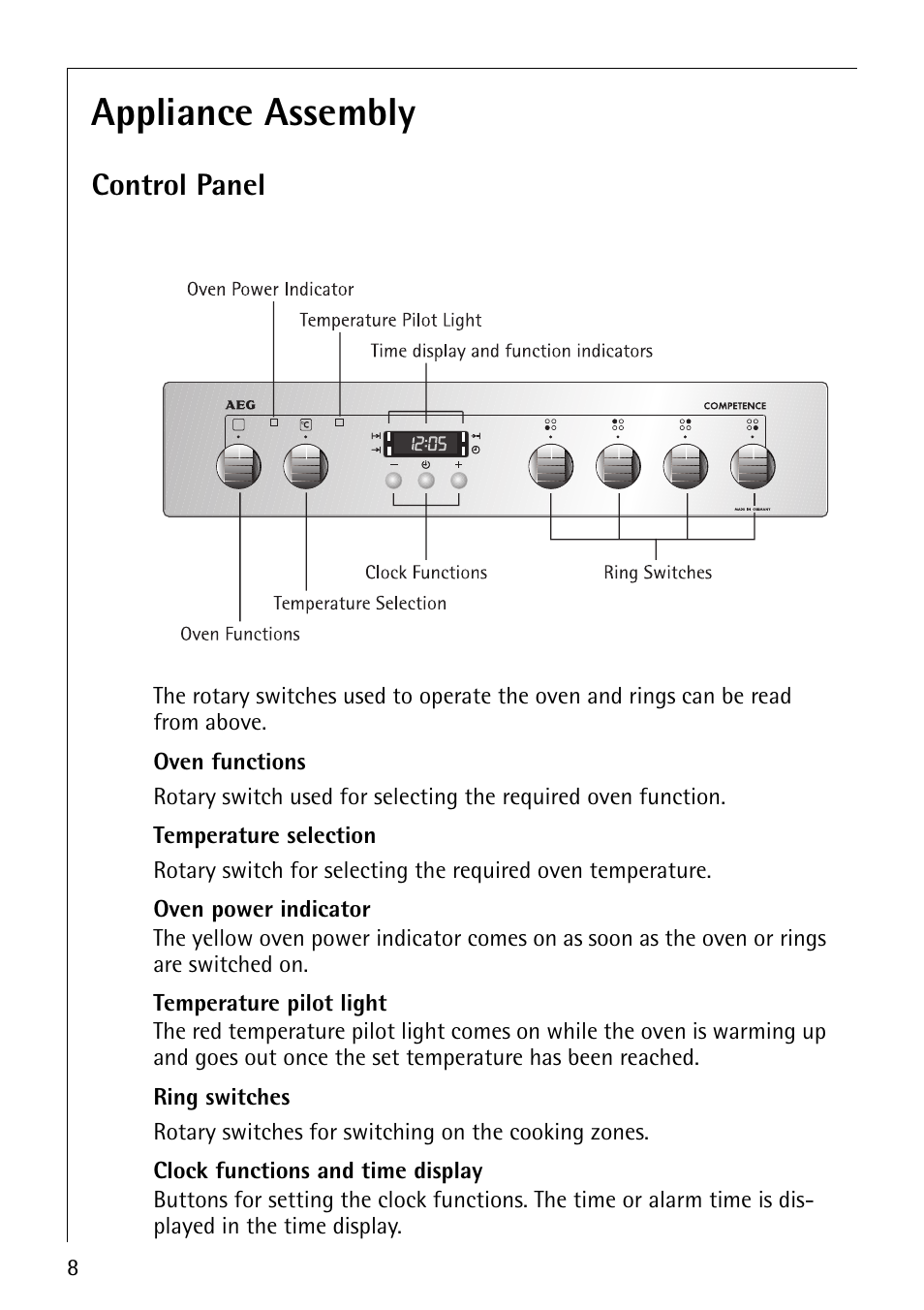 Appliance assembly, Control panel | AEG COMPETENCE E3140-1 User Manual | Page 8 / 56