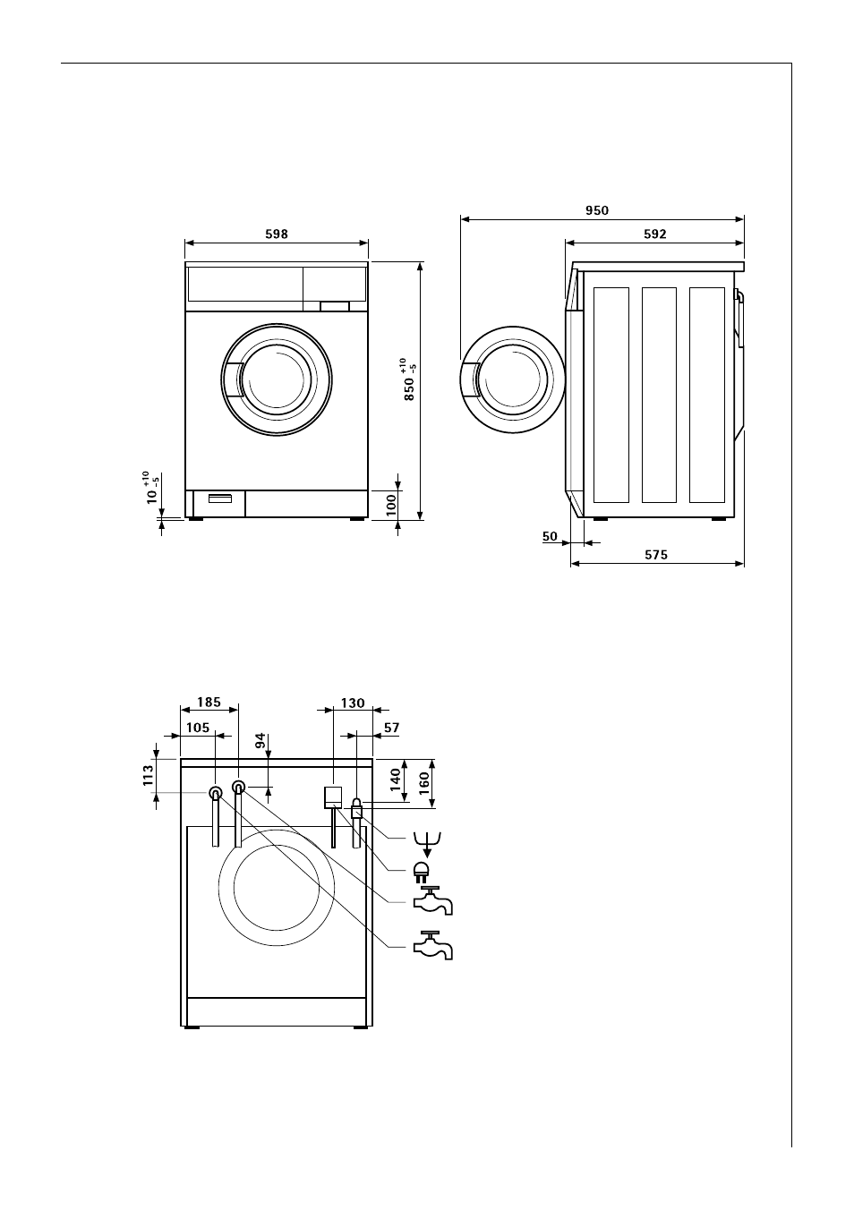 Appliance dimensions, Front and side views rear view | AEG LAVAMAT 50720 User Manual | Page 37 / 48