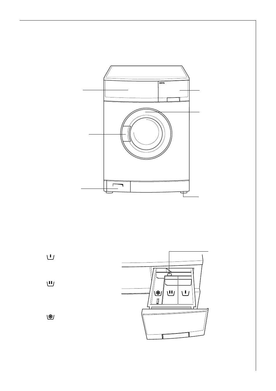 Description of the appliance, Front view detergent dispenser drawer | AEG LAVAMAT 50720 User Manual | Page 9 / 48