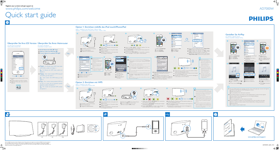 Quick start guide, Ad7000w, Genießen sie airplay | Nein, Überprüfen sie ihre ios version, Überprüfen sie ihren heimrouter, Option 2: einrichten mit wps, No yes, Wait< 2min, Philips fidelio xxx | Philips Fidelio Altavoz inalámbrico SoundAvia User Manual | Page 2 / 2