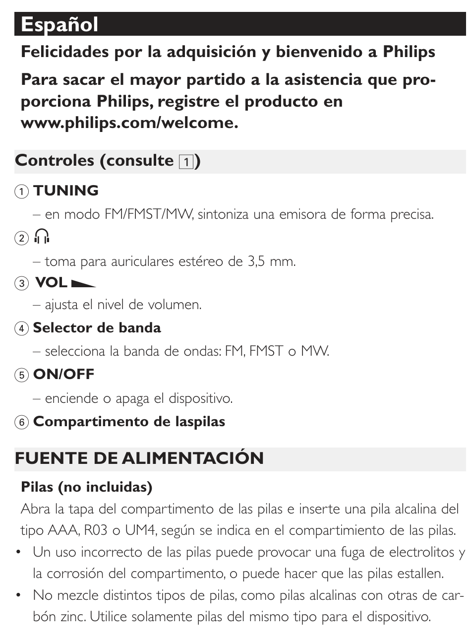 Español | Philips Radio portátil User Manual | Page 3 / 10