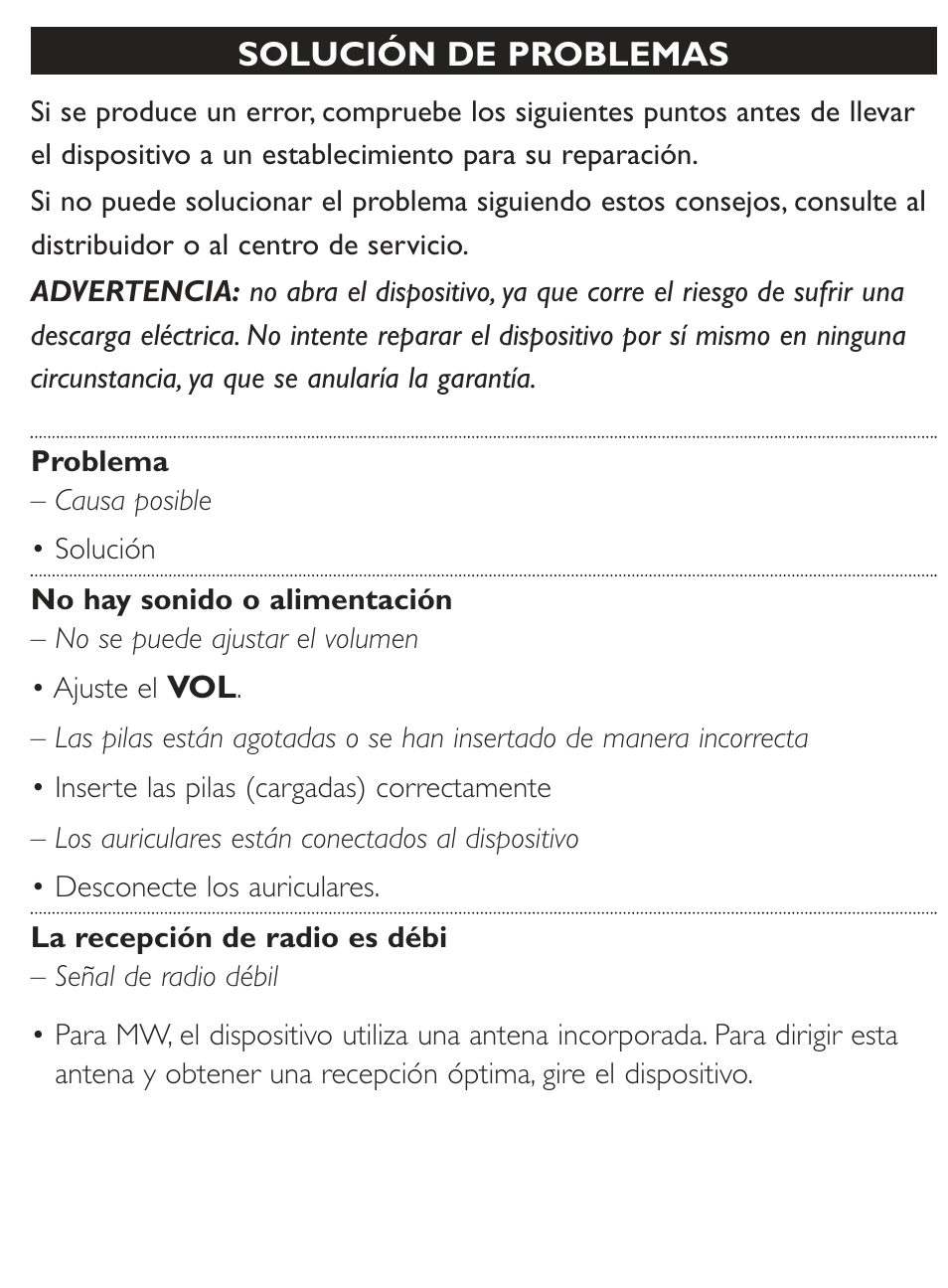 Español | Philips Radio portátil User Manual | Page 6 / 10