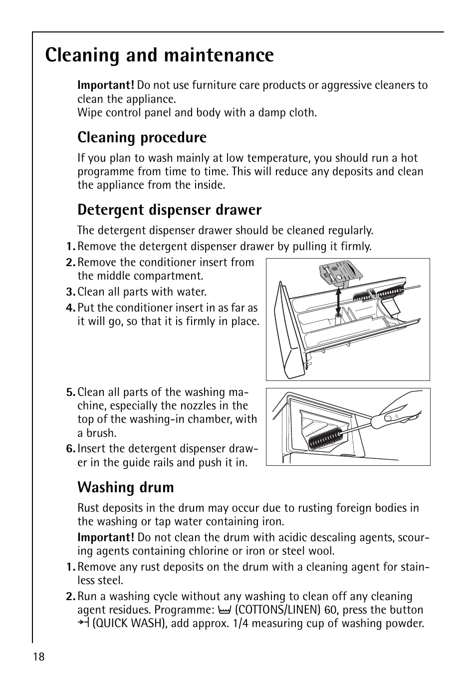 Cleaning and maintenance, Cleaning procedure, Detergent dispenser drawer | Washing drum | AEG LAVAMAT 52610 User Manual | Page 18 / 40
