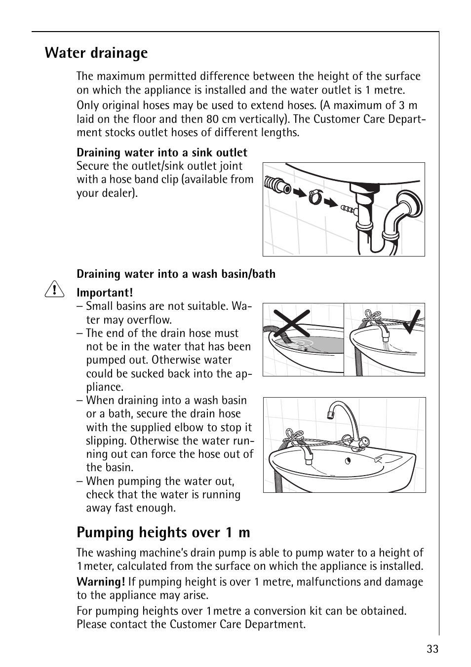 Water drainage, Pumping heights over 1 m | AEG LAVAMAT 52610 User Manual | Page 33 / 40