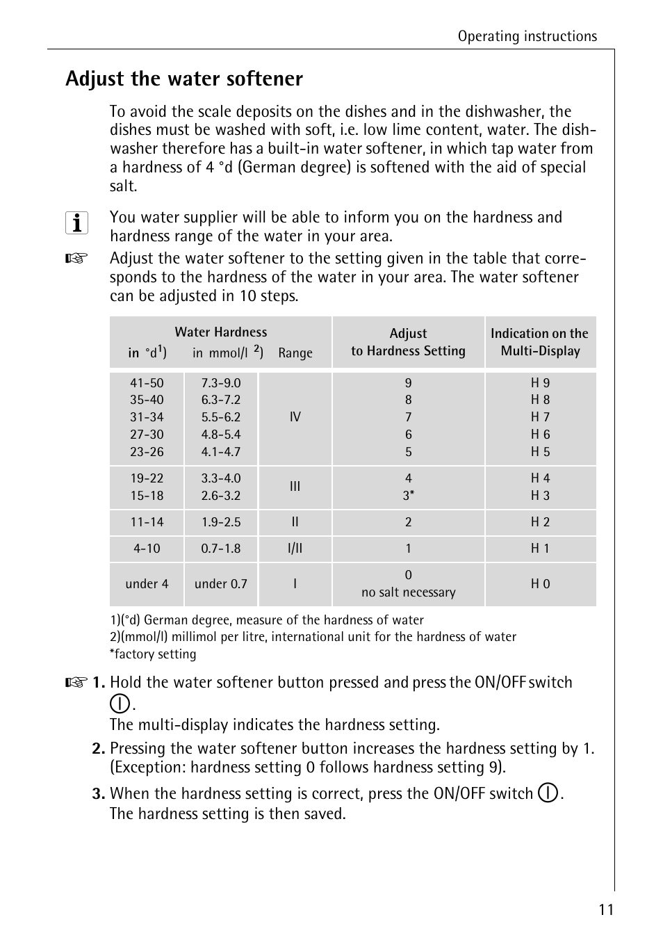 Adjust the water softener | AEG OKO_FAVORIT 6281 I User Manual | Page 11 / 44