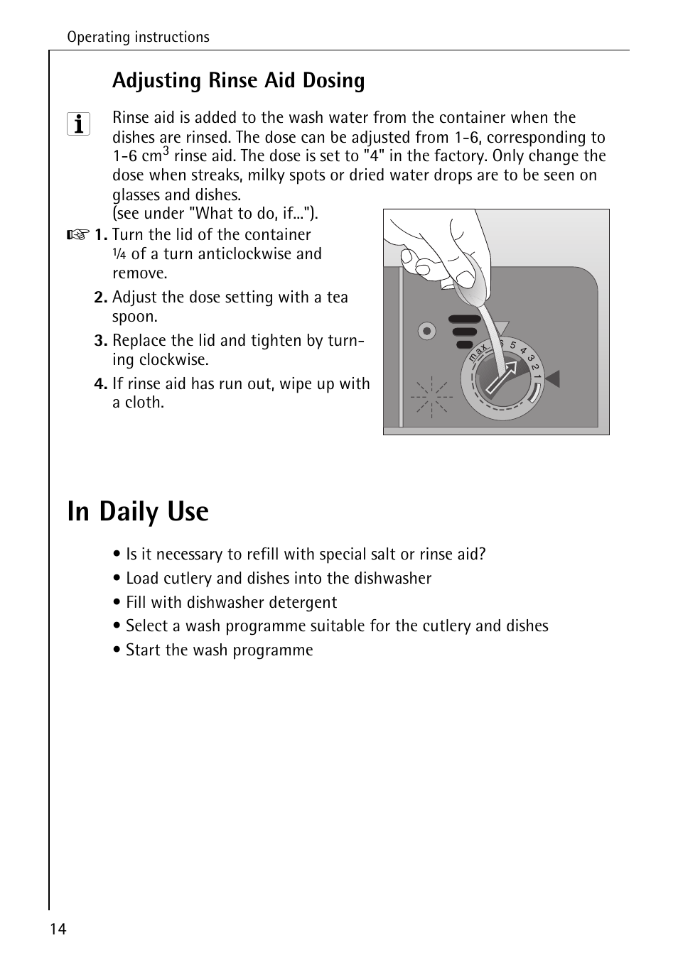 Adjusting rinse aid dosing | AEG OKO_FAVORIT 6281 I User Manual | Page 14 / 44