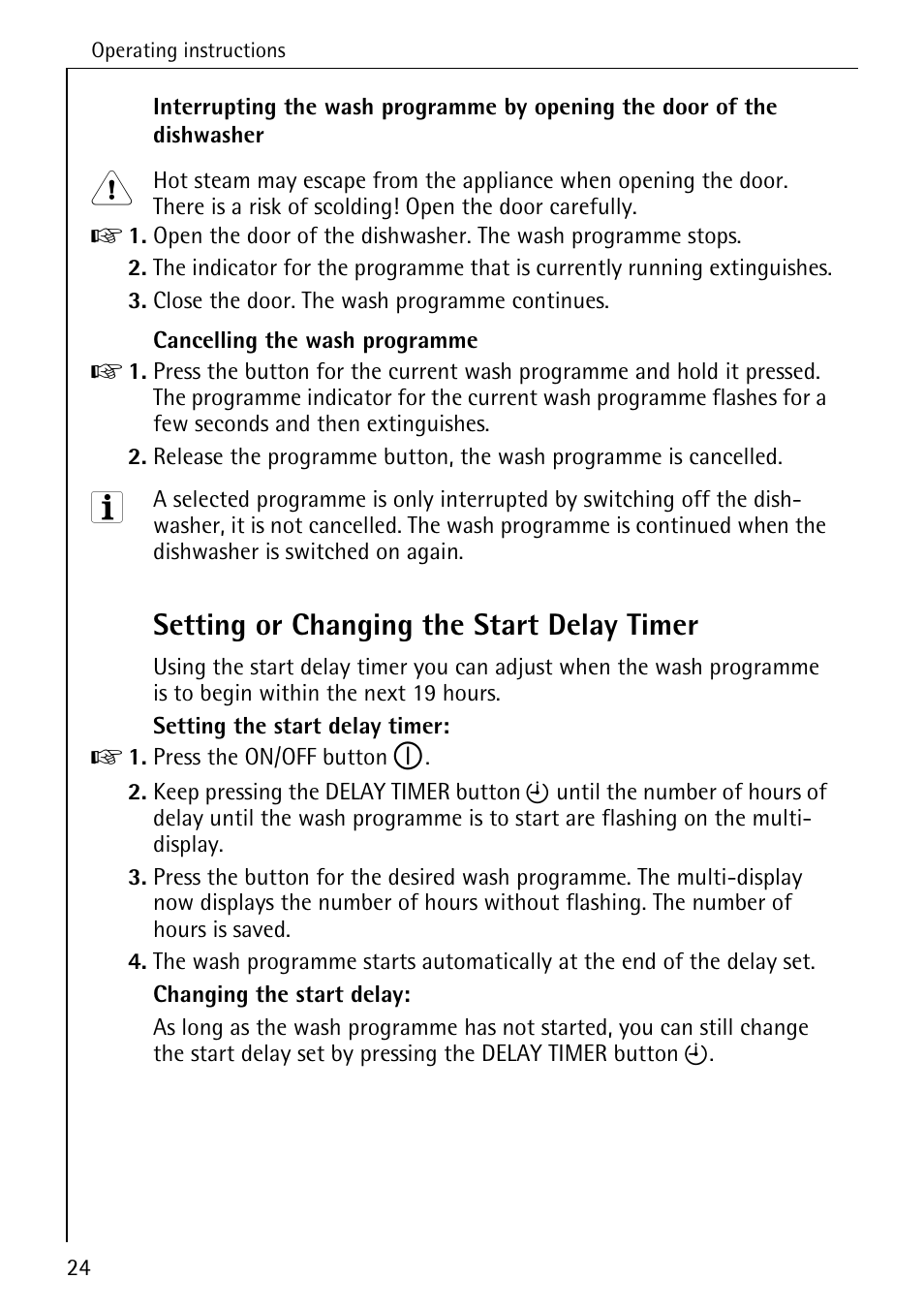 Setting or changing the start delay timer | AEG OKO_FAVORIT 6281 I User Manual | Page 24 / 44