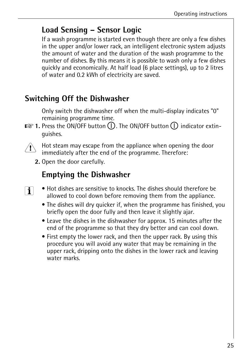 Load sensing – sensor logic, Switching off the dishwasher, Emptying the dishwasher | AEG OKO_FAVORIT 6281 I User Manual | Page 25 / 44