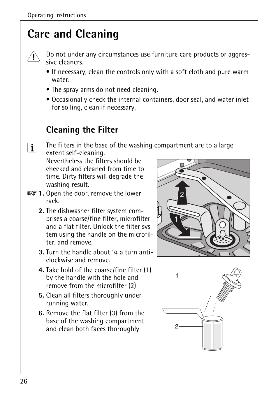 Care and cleaning, Cleaning the filter | AEG OKO_FAVORIT 6281 I User Manual | Page 26 / 44