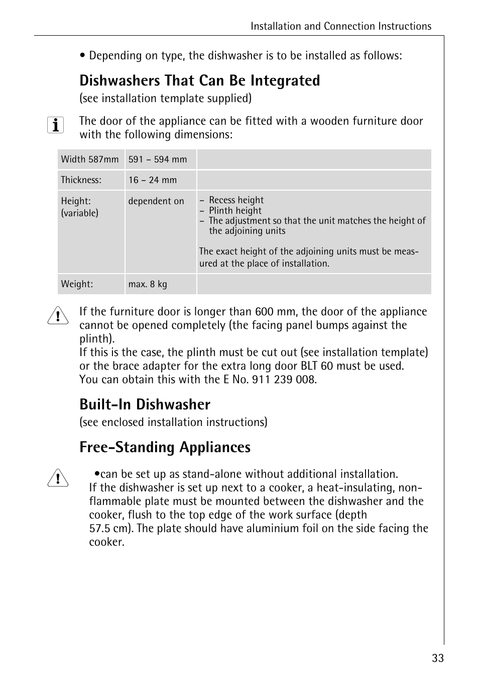Dishwashers that can be integrated, Built-in dishwasher, Free-standing appliances | AEG OKO_FAVORIT 6281 I User Manual | Page 33 / 44