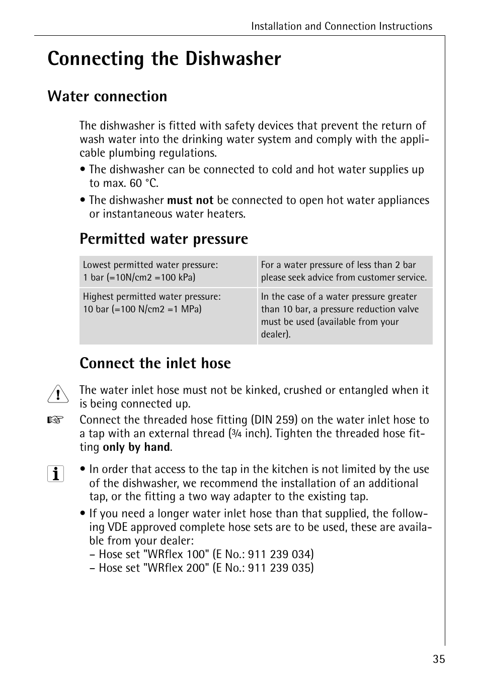 Connecting the dishwasher, Water connection, Permitted water pressure connect the inlet hose | AEG OKO_FAVORIT 6281 I User Manual | Page 35 / 44