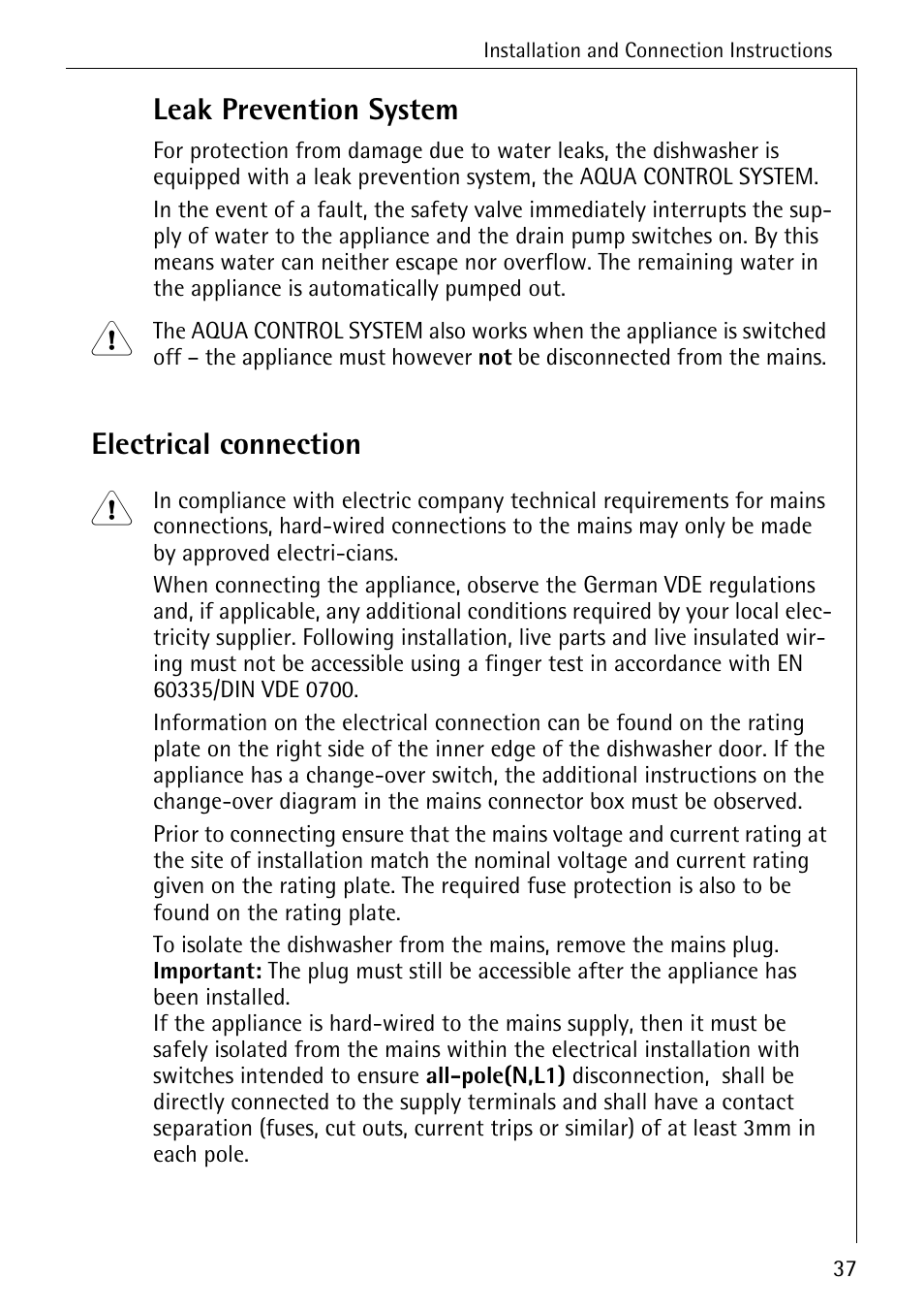 Leak prevention system, Electrical connection | AEG OKO_FAVORIT 6281 I User Manual | Page 37 / 44