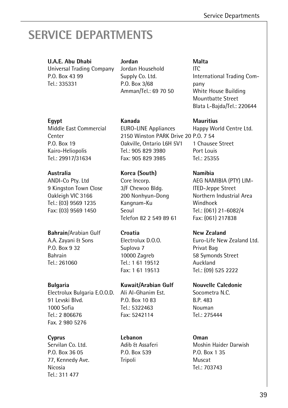 Service departments | AEG OKO_FAVORIT 6281 I User Manual | Page 39 / 44