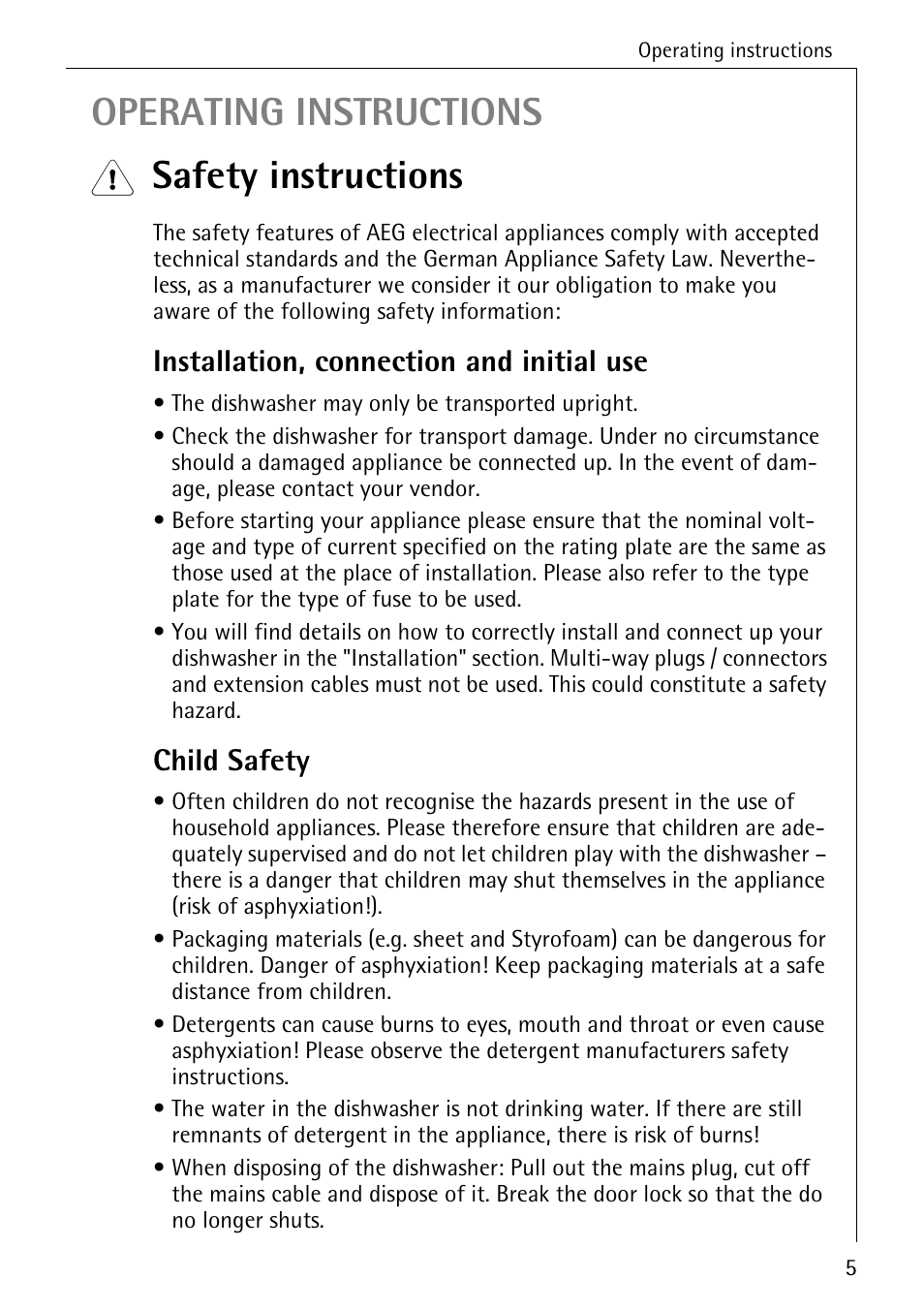 Operating instructions, Safety instructions, Installation, connection and initial use | Child safety | AEG OKO_FAVORIT 6281 I User Manual | Page 5 / 44