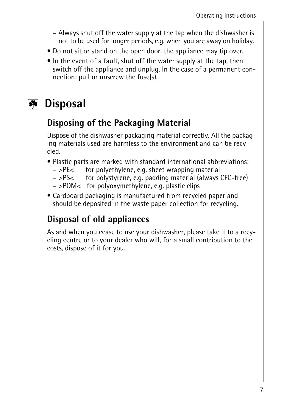 Disposal, Disposing of the packaging material, Disposal of old appliances | AEG OKO_FAVORIT 6281 I User Manual | Page 7 / 44