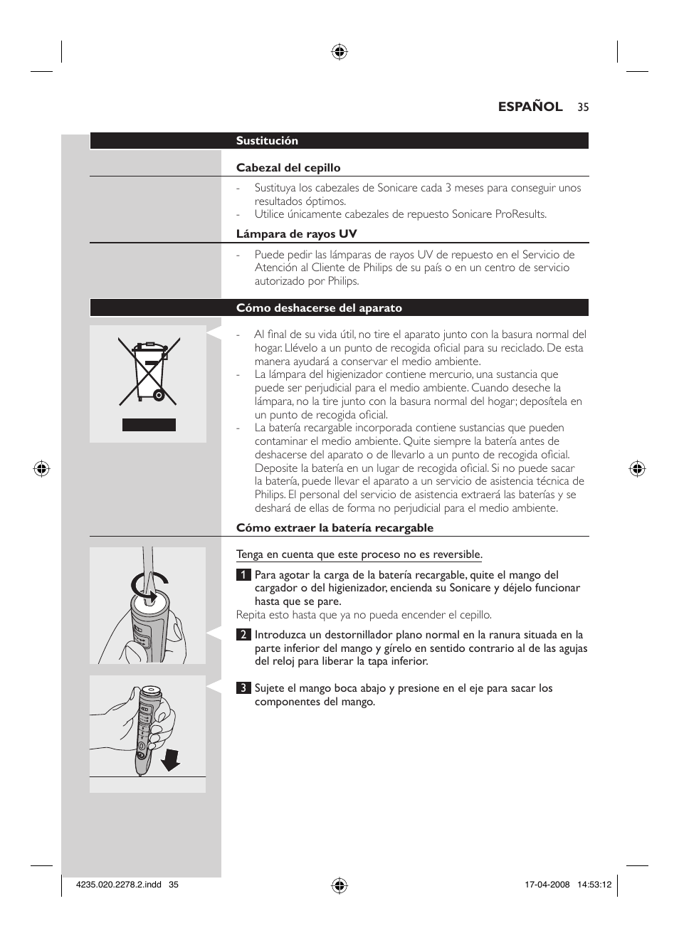 Philips Sonicare FlexCare Cepillo dental sónico recargable User Manual | Page 35 / 96