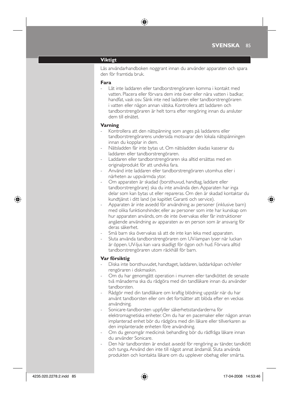 Philips Sonicare FlexCare Cepillo dental sónico recargable User Manual | Page 85 / 96