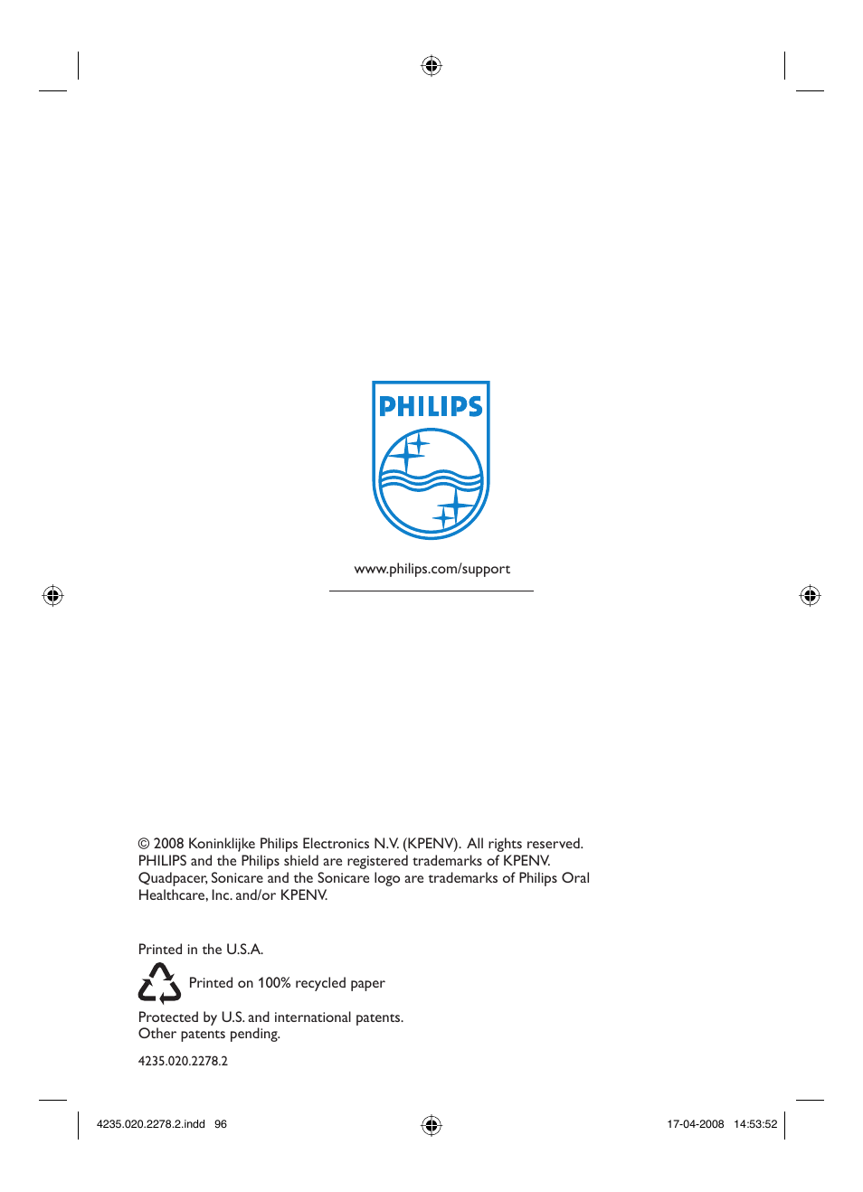 Philips Sonicare FlexCare Cepillo dental sónico recargable User Manual | Page 96 / 96