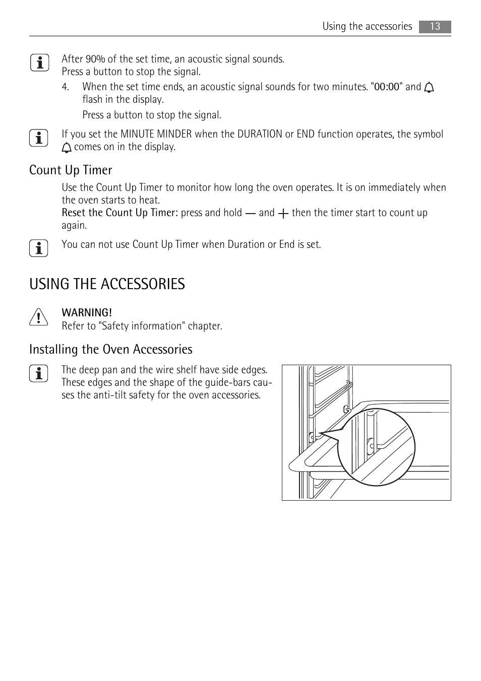 Using the accessories, Count up timer, Installing the oven accessories | AEG BP5003001 User Manual | Page 13 / 32