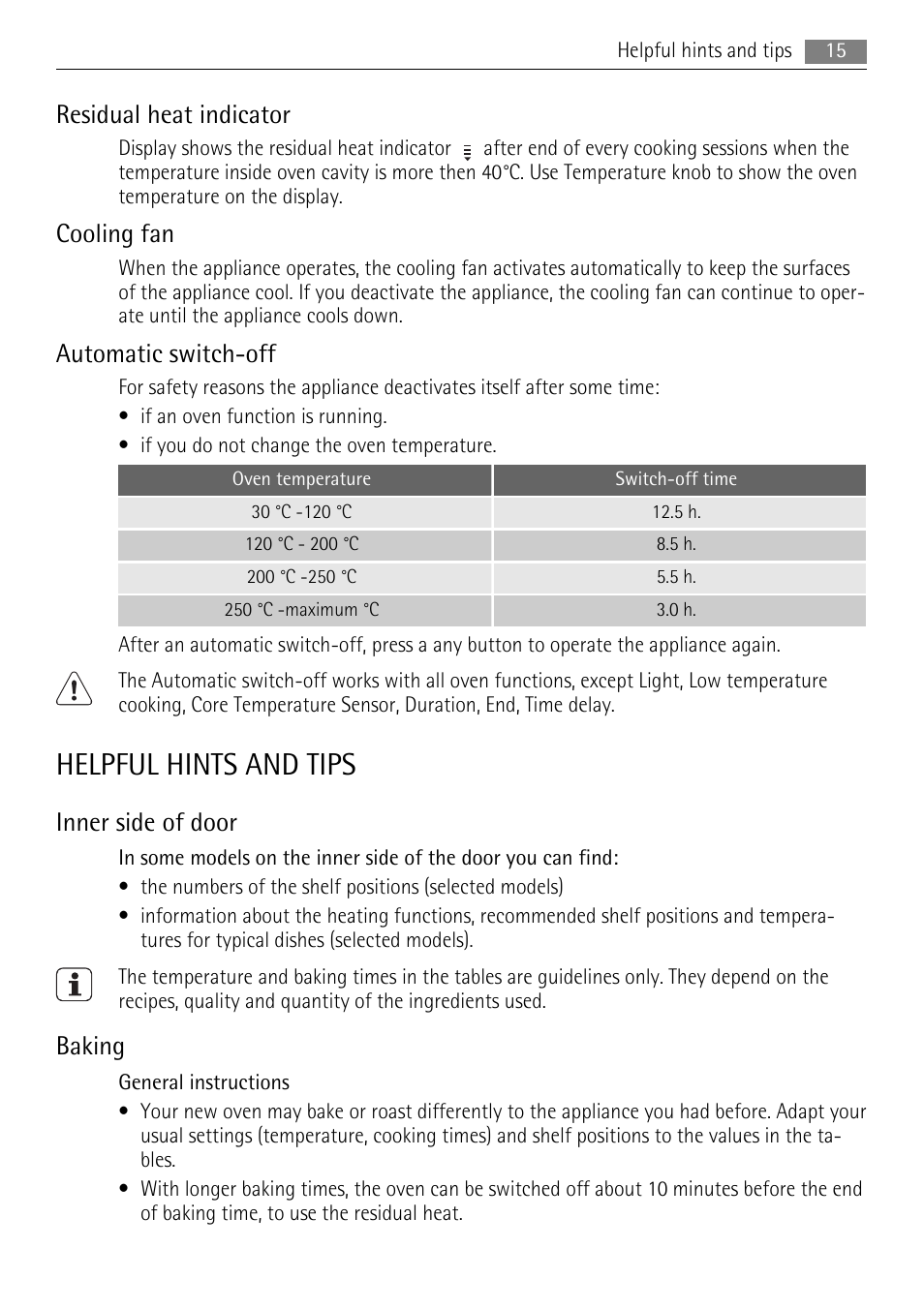 Helpful hints and tips, Residual heat indicator, Cooling fan | Automatic switch-off, Inner side of door, Baking | AEG BP5003001 User Manual | Page 15 / 32