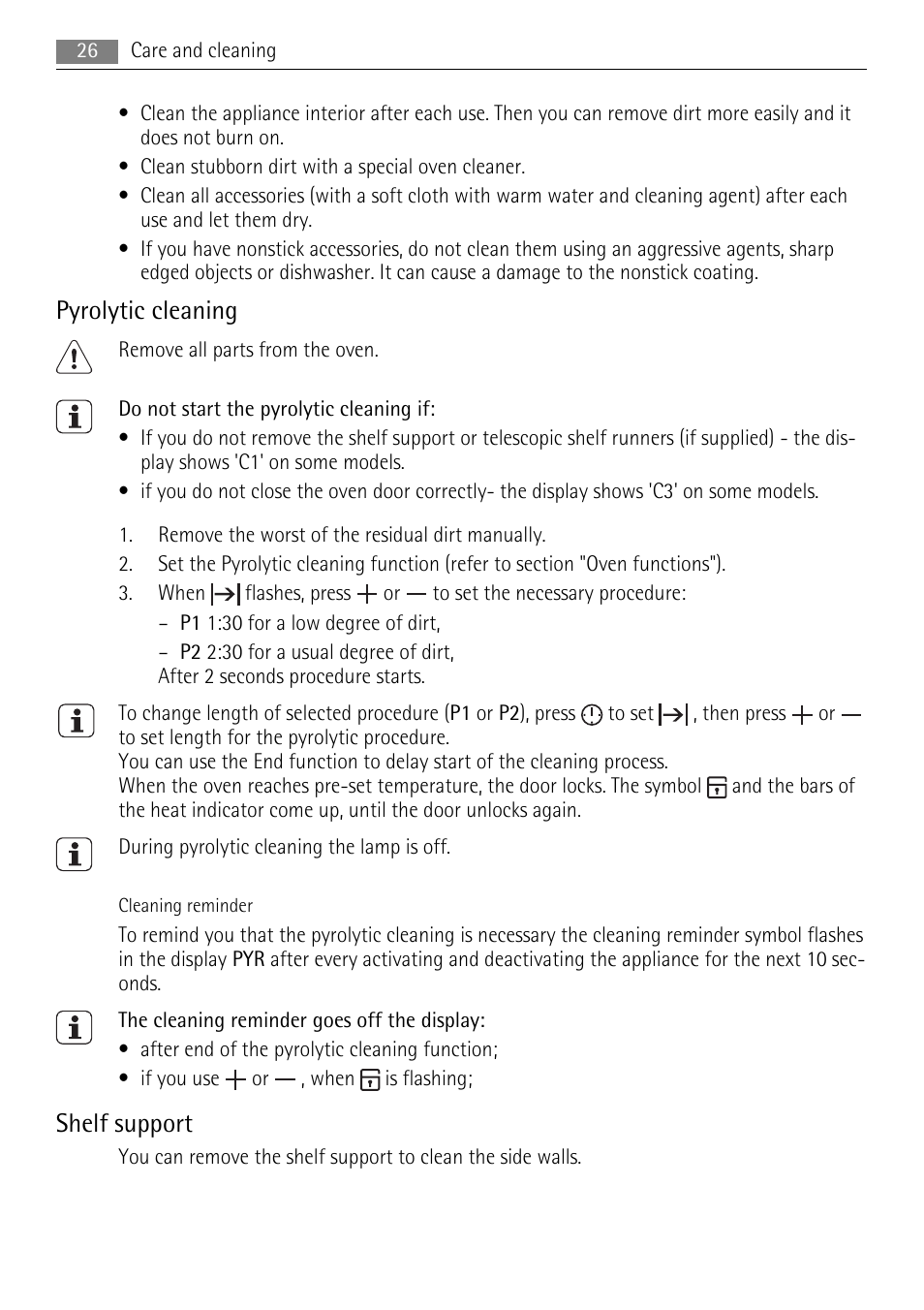 Pyrolytic cleaning, Shelf support | AEG BP5003001 User Manual | Page 26 / 32