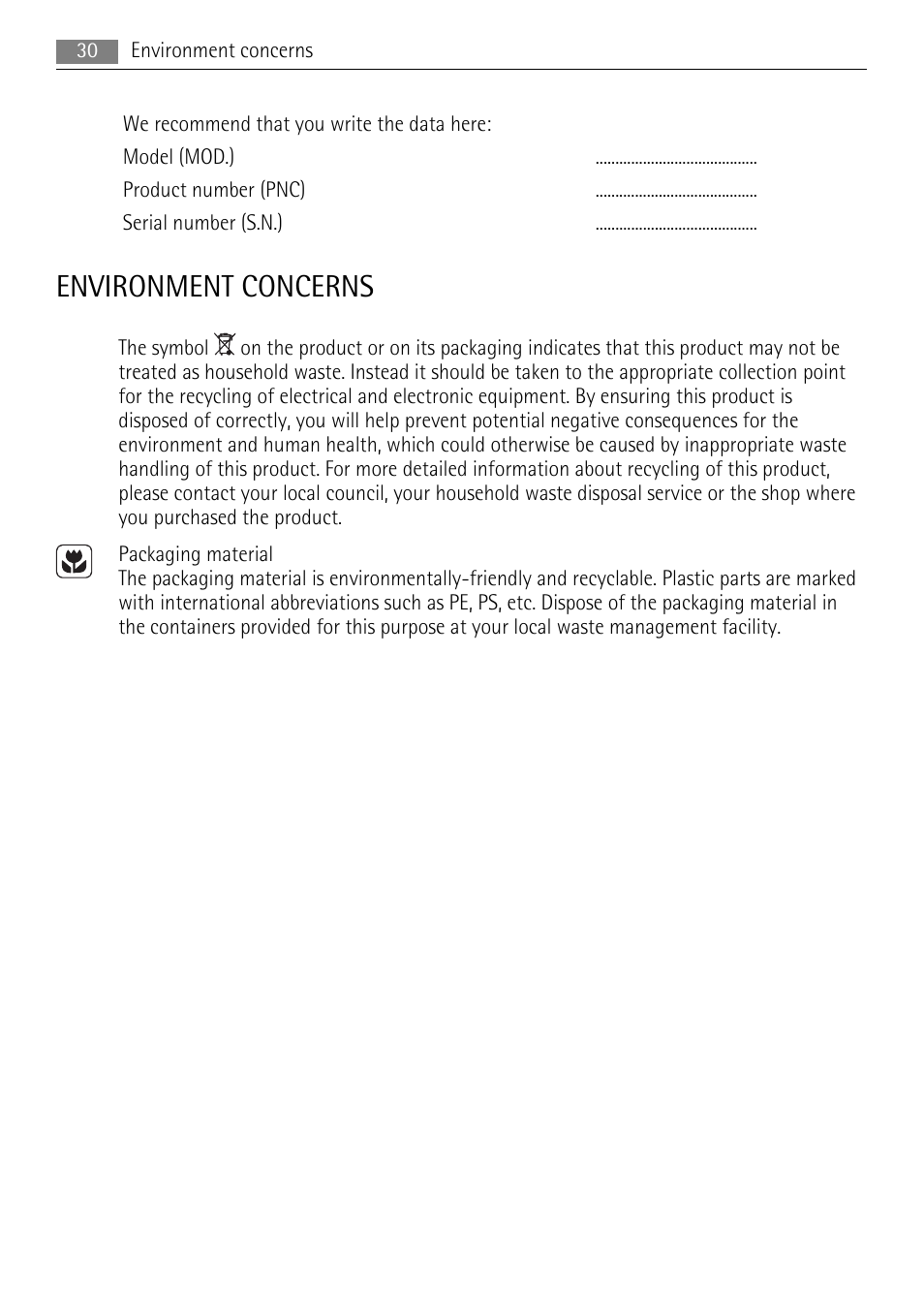 Environment concerns | AEG BP5003001 User Manual | Page 30 / 32
