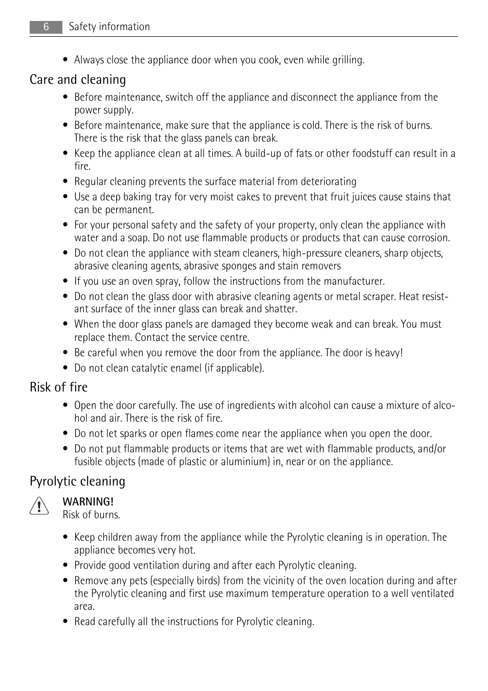 Care and cleaning, Risk of fire, Pyrolytic cleaning | AEG BP5003001 User Manual | Page 6 / 32