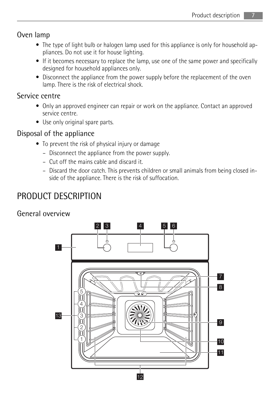 Product description, Oven lamp, Service centre | Disposal of the appliance, General overview | AEG BP5003001 User Manual | Page 7 / 32