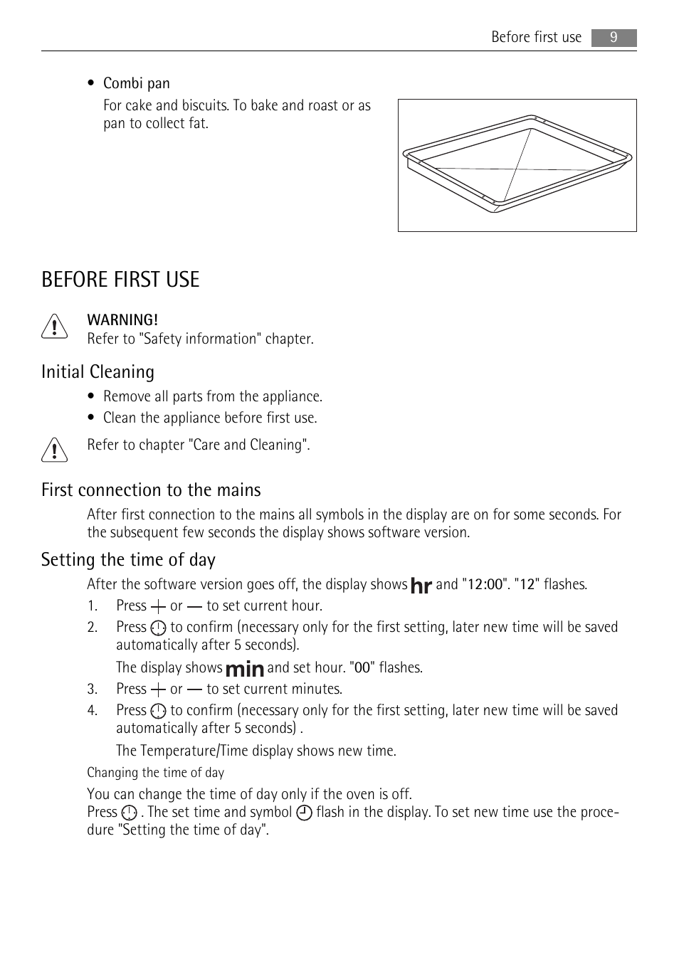 Before first use, Initial cleaning, First connection to the mains | Setting the time of day | AEG BP5003001 User Manual | Page 9 / 32