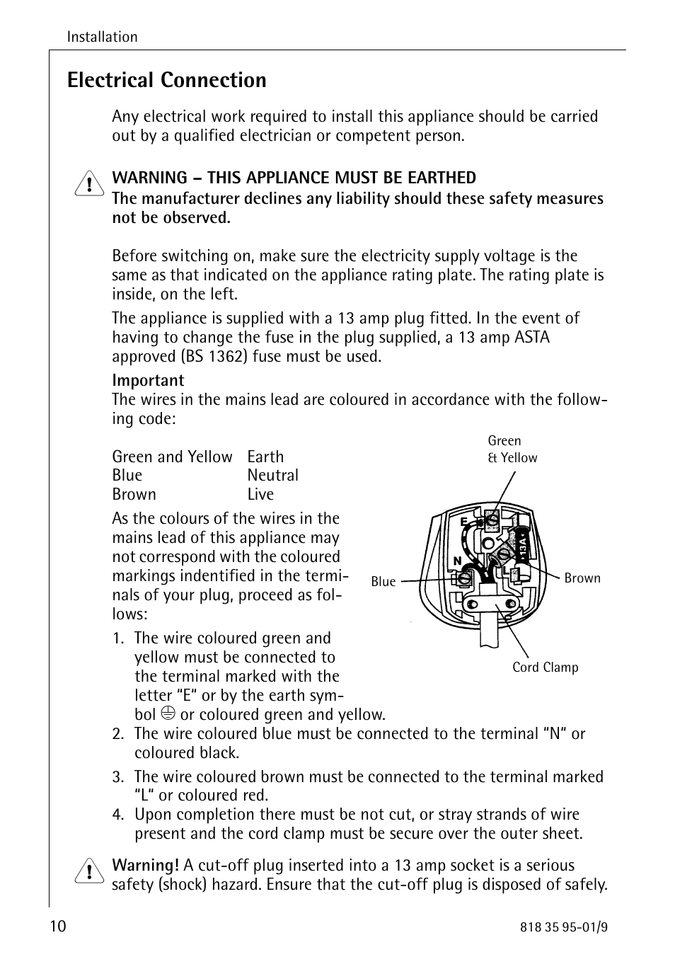 Electrical connection | AEG ARCTIS 75248 GA1 User Manual | Page 10 / 32