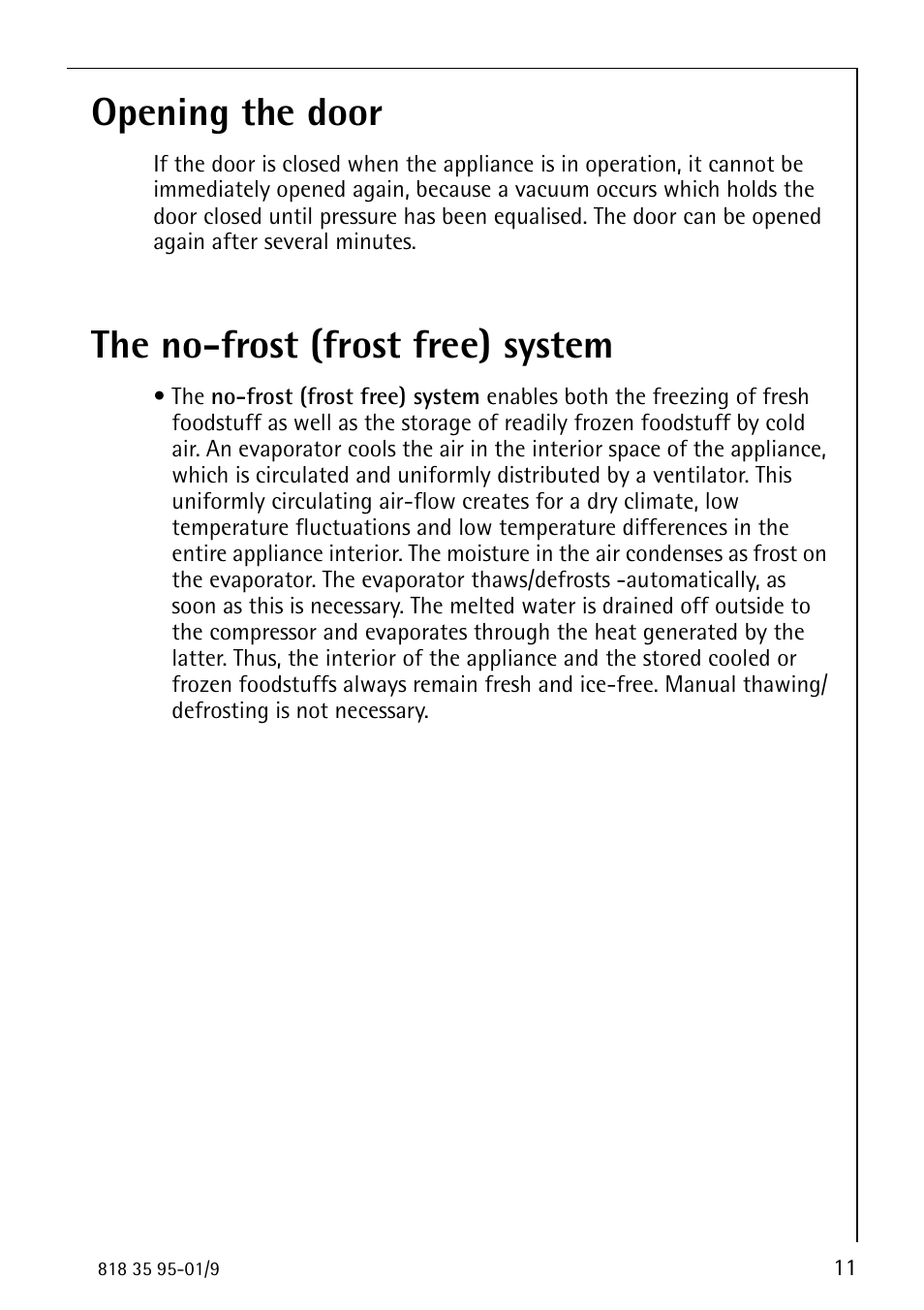 Opening the door, The no-frost (frost free) system | AEG ARCTIS 75248 GA1 User Manual | Page 11 / 32
