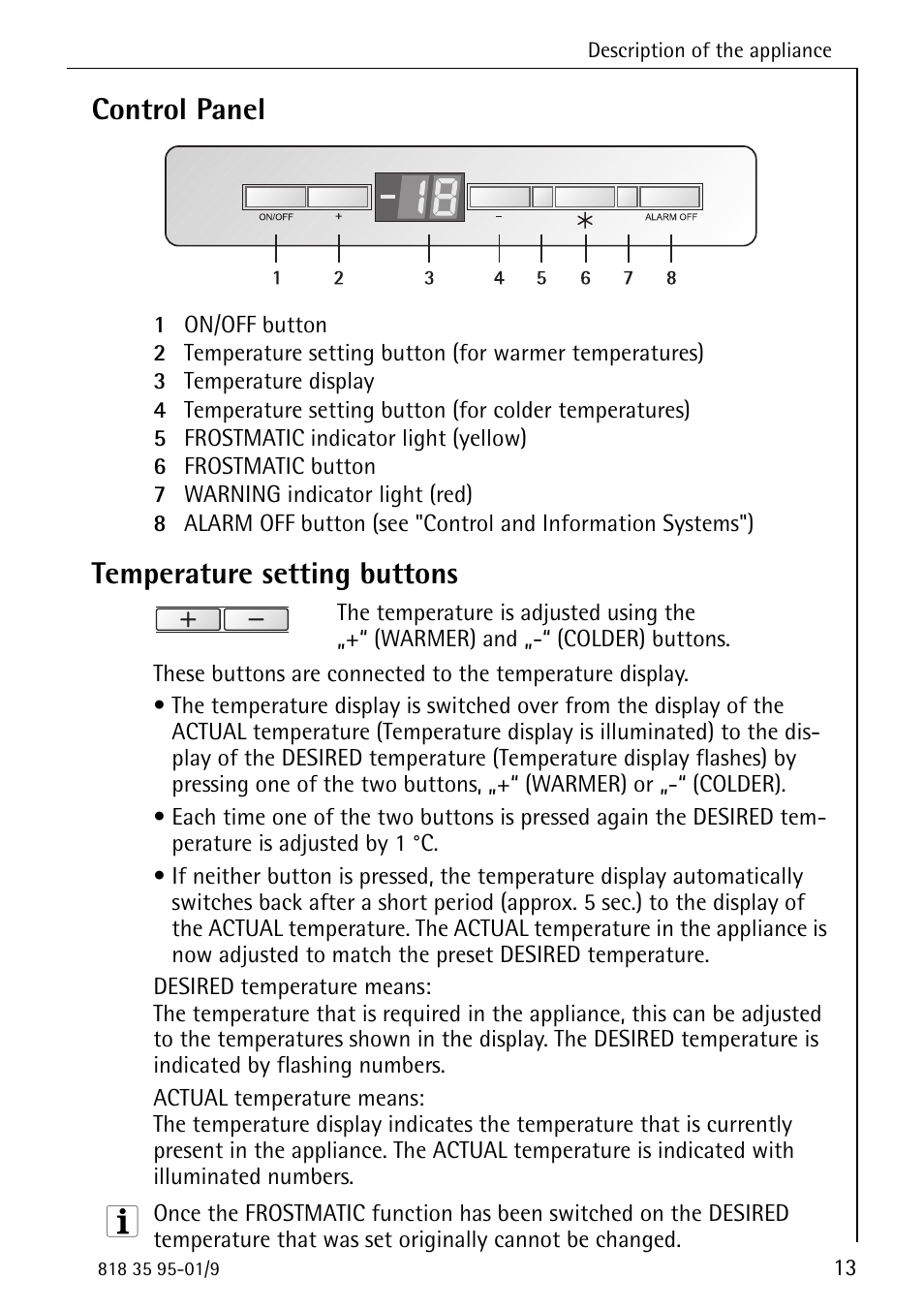 Control panel, Temperature setting buttons | AEG ARCTIS 75248 GA1 User Manual | Page 13 / 32