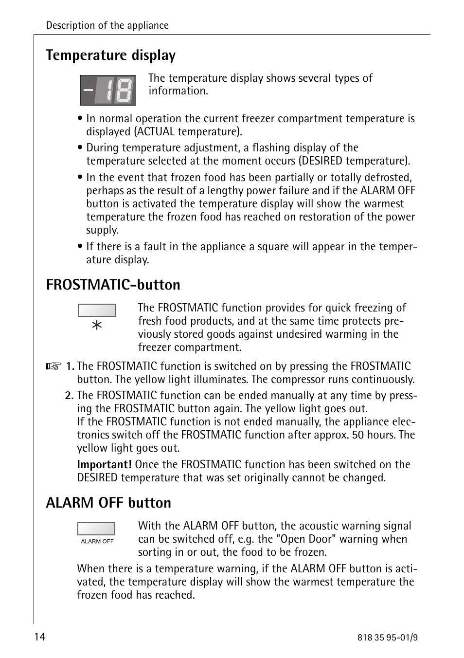 Temperature display, Frostmatic-button, Alarm off button | AEG ARCTIS 75248 GA1 User Manual | Page 14 / 32