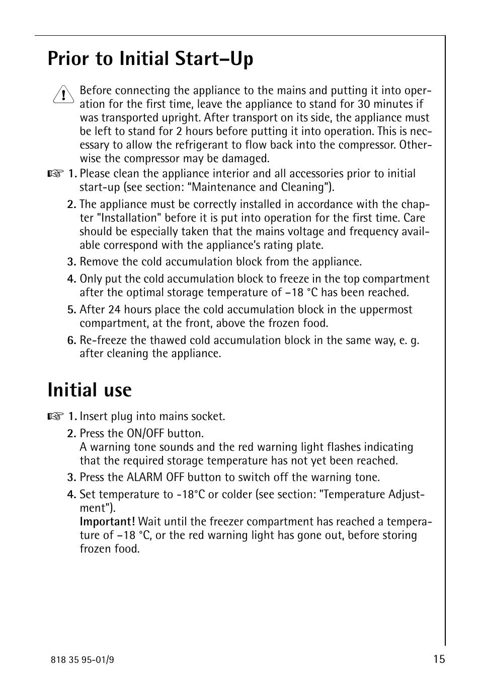 Prior to initial start–up, Initial use | AEG ARCTIS 75248 GA1 User Manual | Page 15 / 32