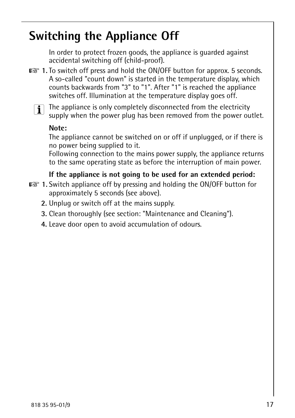 Switching the appliance off | AEG ARCTIS 75248 GA1 User Manual | Page 17 / 32