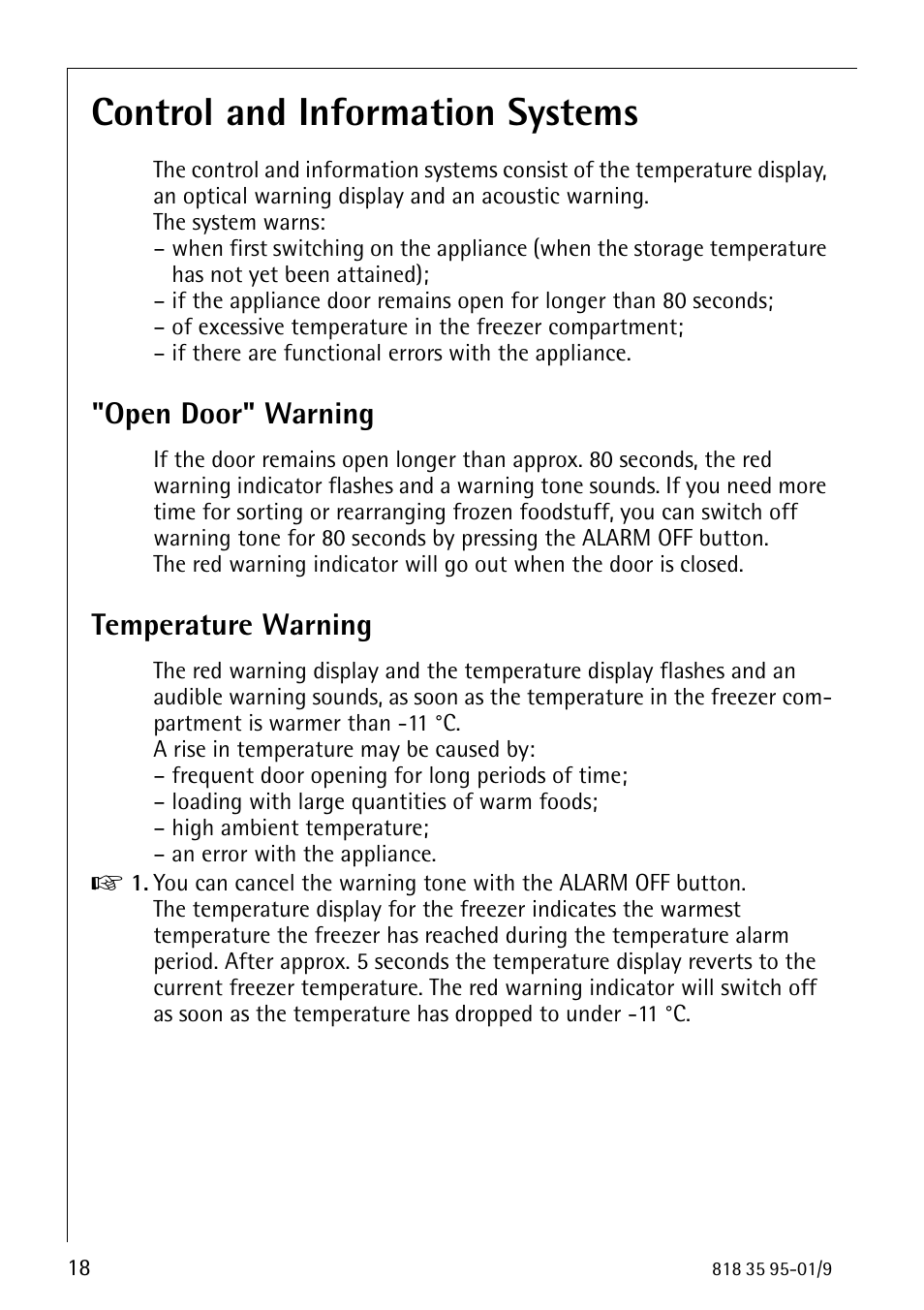 Control and information systems, Open door" warning, Temperature warning | AEG ARCTIS 75248 GA1 User Manual | Page 18 / 32