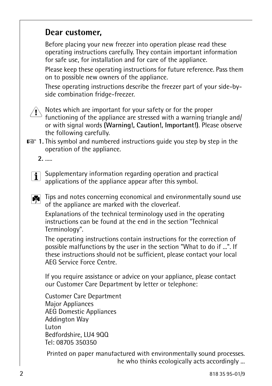 Dear customer | AEG ARCTIS 75248 GA1 User Manual | Page 2 / 32
